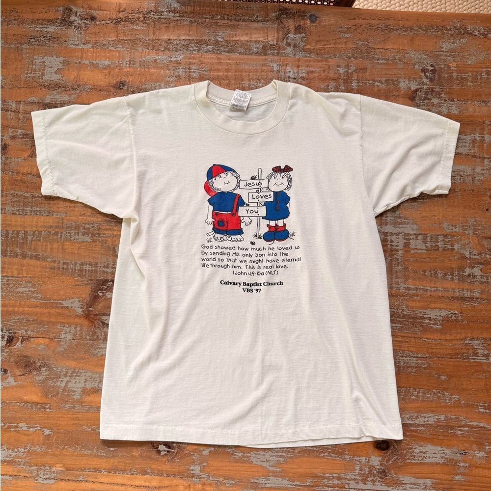 Vintage 1997 single stitch Jesus loves you white bible tshirt